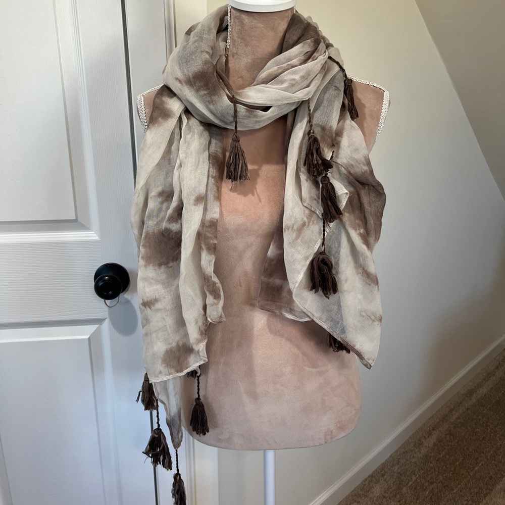 Indie Bohemian Brown Tassel Linen Festival Tie Dye Shawl Scarf 35” x 70”